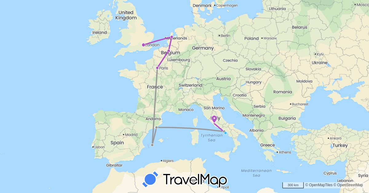 TravelMap itinerary: driving, plane, train, boat in Belgium, Spain, France, United Kingdom, Italy, Netherlands (Europe)